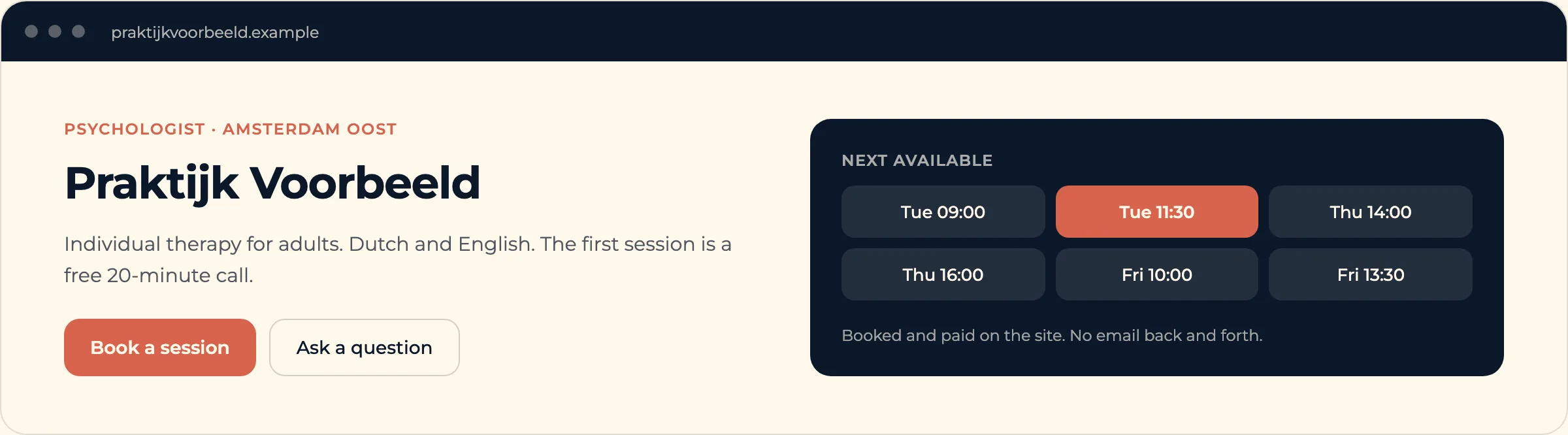 The same example practice rebuilt by Posato, with next available times and a book button